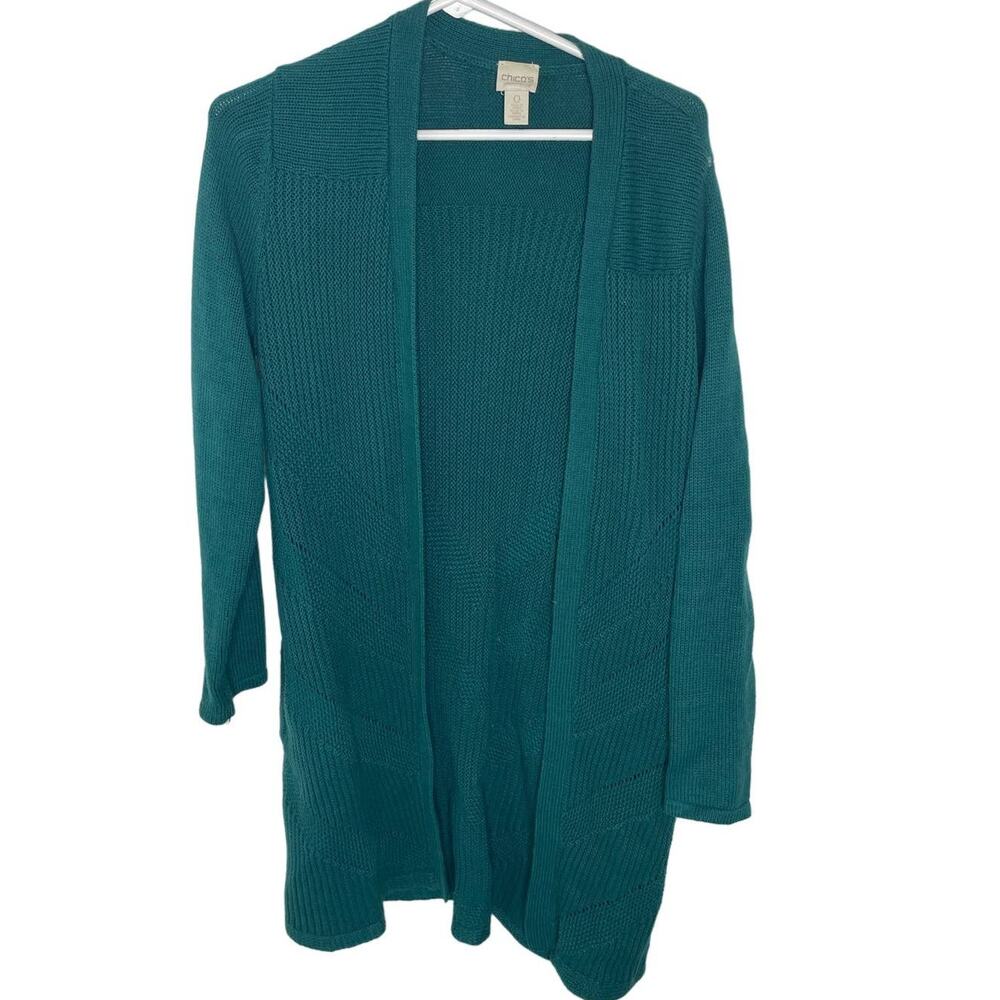 Chico's Green Long Duster Open Cardigan Womens size 0/small has pockets!